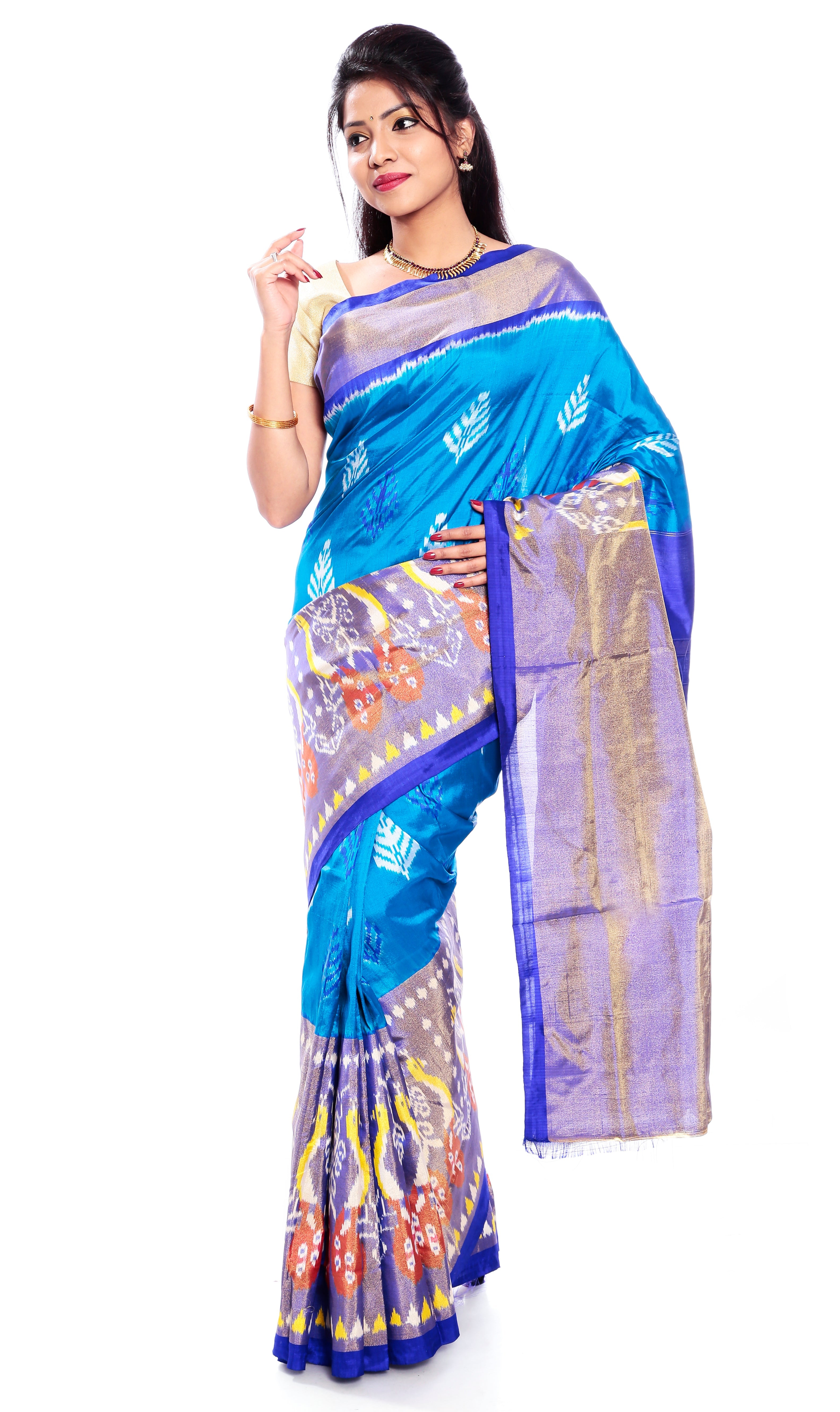 Blue Pochampally Saree Ikkat Silk Saree with Peacock Design Border Mandakini 24